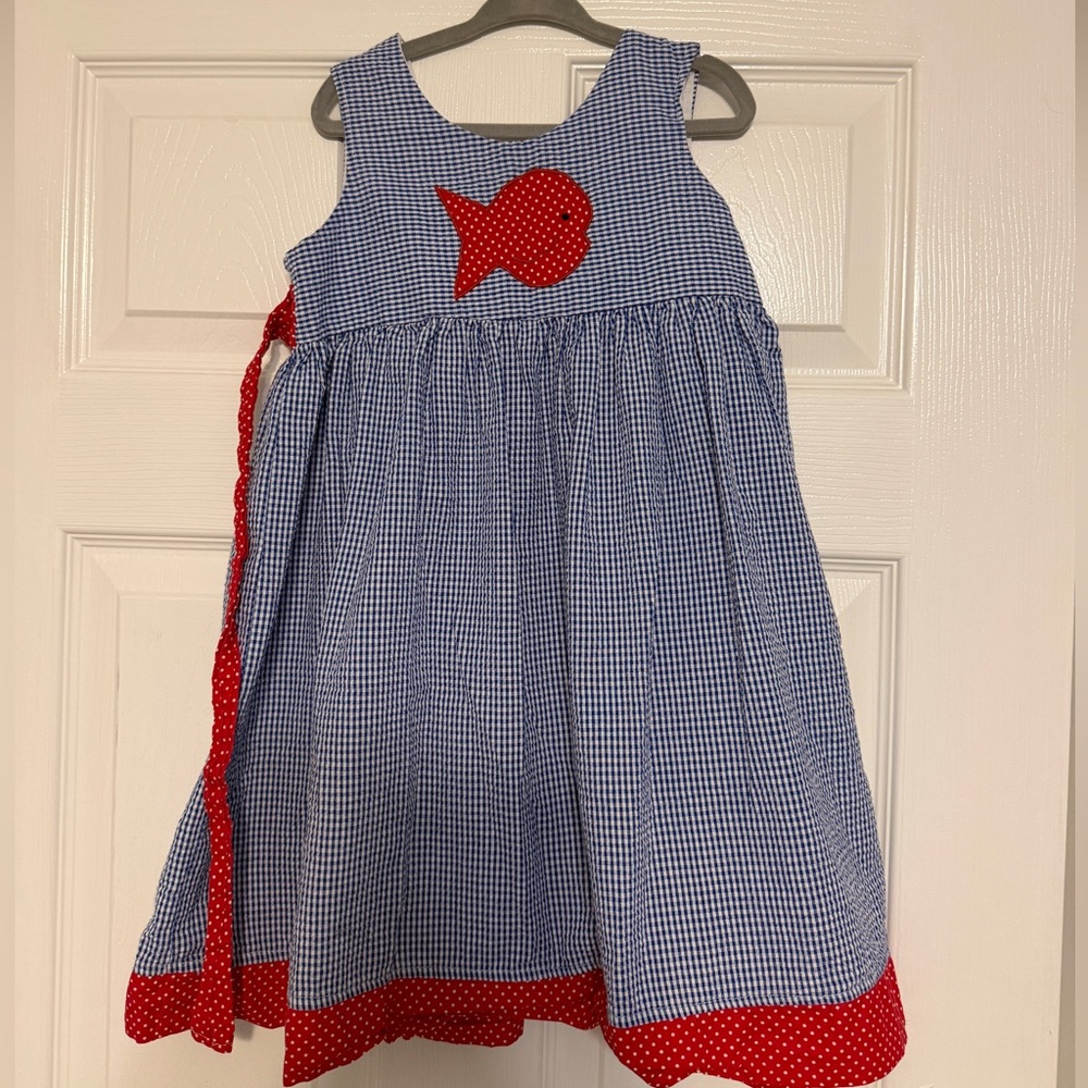 Girls Blue Gingham Dress with Red Fish Applique